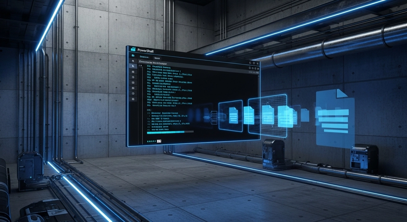 Sebuah terminal PowerShell modern mengambang di dalam lingkungan pabrik industri yang terbuat dari beton dan baja, menunjukkan automasi file digital dengan efek cahaya neon biru.